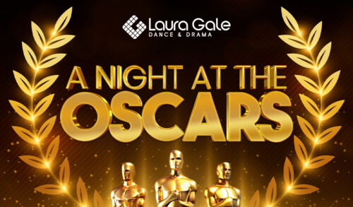 A graphic with three golden statues on the bottom There are laurels on either side with text in the middle that reads A Night At The Oscars