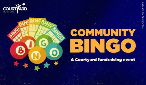 A graphic of bingo cards and different letters written on different coloured balls to spell out Bingo Writing reads Community Bingo A Courtyard Fundraising Event