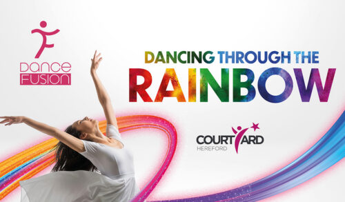 A dancer in a white dress holds her arms up in the air with a colourful swirl around her The logo above her reads Dance Fusion and the text next to her reads Dancing Through The Rainbow