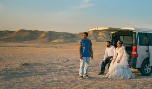 A woman in a wedding dress and a man in a suit sit in the back of a van Next to them is a man standing in a blue tshirt They are all looking off into the desert