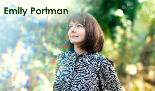 A woman with a brunette bob and wearing a patterned black and white shirt looking off into the distance Trees surround her The text in the top left reads Emily Portman