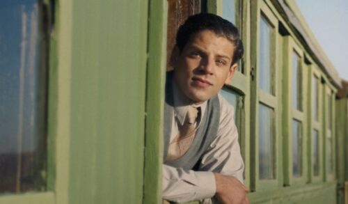 A man looks out of an train window