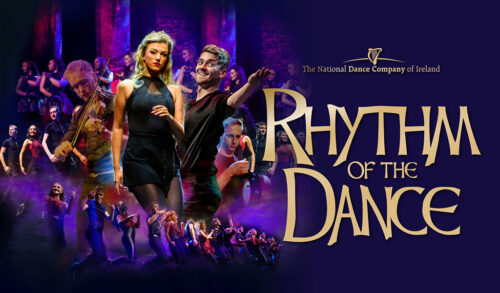 A poster with images of dancers in black and red outfits on the left and text on the right The text reads The National Dance Company of Ireland  Rhythm of the Dance