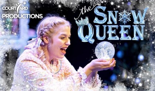 The Snow Queen  a blonde actress in french plaits looks at a snow globe held in both her hands with an expression of awe There is frost and glitter around the edgers and the title reads The Snow Queen