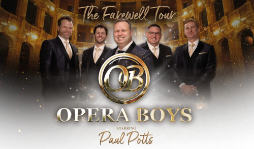 The Opera Boys Farewell Tour Starring Paul Potts written in front of five smiling men in suits They stand in front of an image of a grand opera house with balcony seating