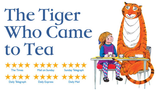 A graphic of a young girl with blonde hair sitting at a table with a large tiger There are cups saucers and cake on the table The text next to them reads The Tiger Who Came to Tea with 4 star reviews below them