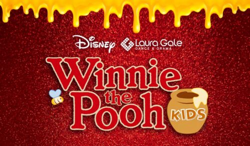 A graphic with red glitter background with honey dripping down from the top of the image The text reads Disney and Laura Gale  Winnie The Pooh with a honey pot that has the word JR on the pot