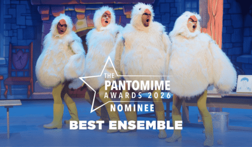 An image of four dancers dressed as goslings on stage The logo in the middle of the photo reads The Pantomime Awards 2026 Nominee and the text underneath reads Best Ensemble
