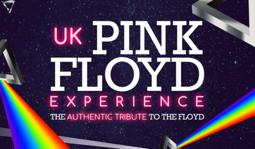 The UK Pink Floyd Experiecne written on a starry space background with rainbows and geometric shapes around it Underneath reads The Authentic Tribute to The Floyd