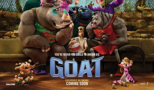 An animated image of a goat in a basketball jersey surrounded by other animals including a rhino and a bull who are wearing sports gear The title reads Goat