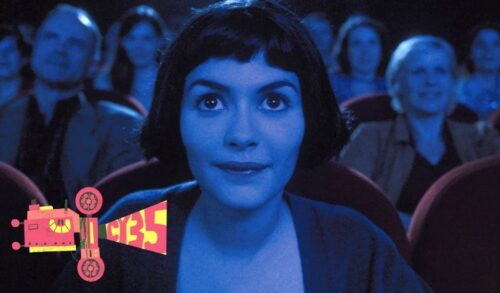 A young woman sits in a busy cinema In the bottom left is a logo featuring a film projector and the name CY35