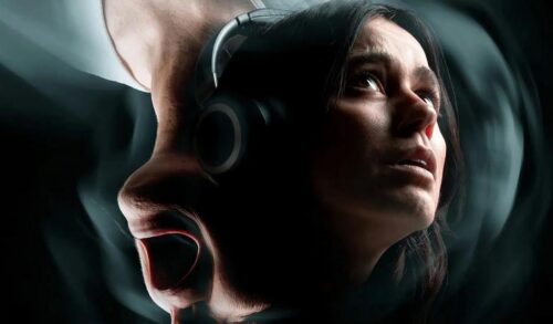 Two images of a woman one upright where she is wearing headphones the other upsidedown where she is screaming