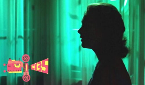 A silhouette of a women against a green lit curtain In the bottom left is a graphic of a film projector with the name CY35 being projected from it