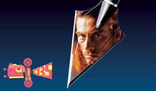 A film poster showing an arrow head with a mans face and flames reflected In the bottom left is a graphic of a film projector with the name CY35 being projected from it